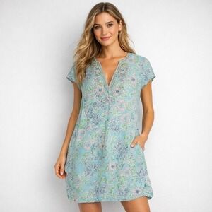 Bella Tu Dress Womens M Blue Floral Shift Short Sleeve V-Neck Beaded Lightweight